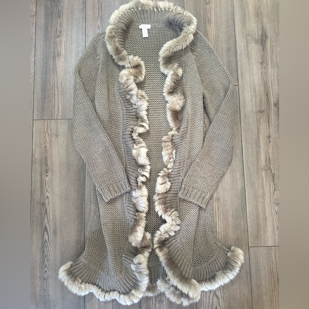 Chico’s Faux Fur Trim Knit Long Cardigan Sweater Coat Size 1 Taupe